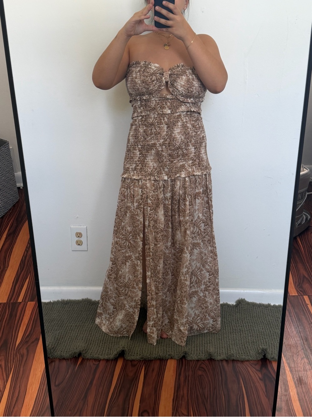 bec + bridge Strapless Brown Floral Maxi Dress with Front Slit